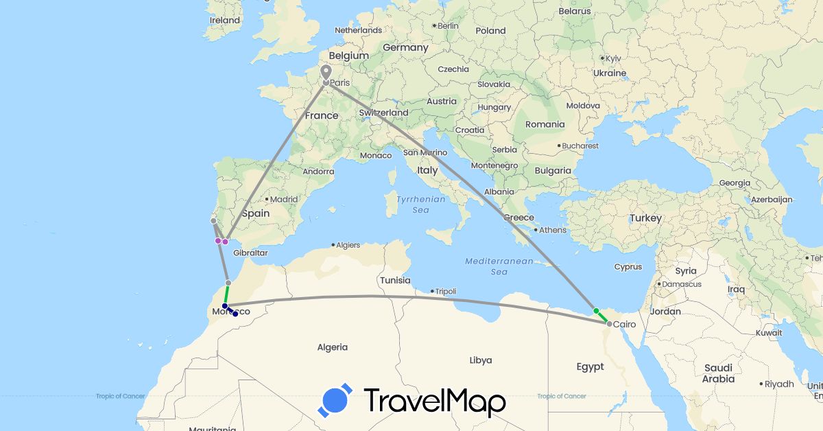 TravelMap itinerary: driving, bus, plane, train in Egypt, France, Morocco, Portugal (Africa, Europe)